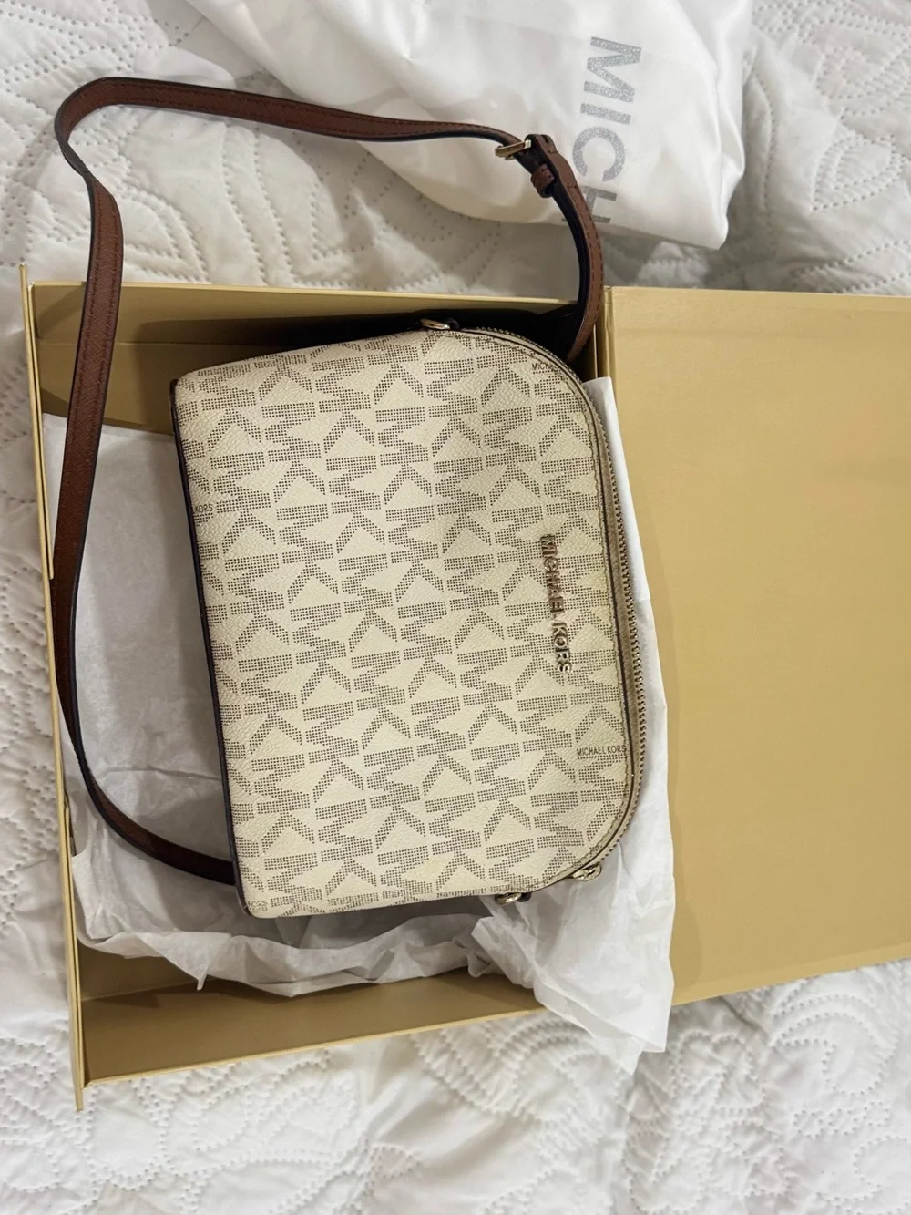 Michael Kors Cream Logo Crossbody with Brown Strap